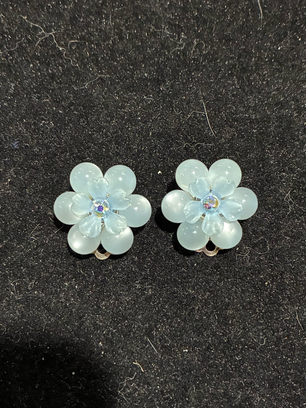 Vintage Signed Coro Pale Blue Thermoset Moonglow Floral Earrings